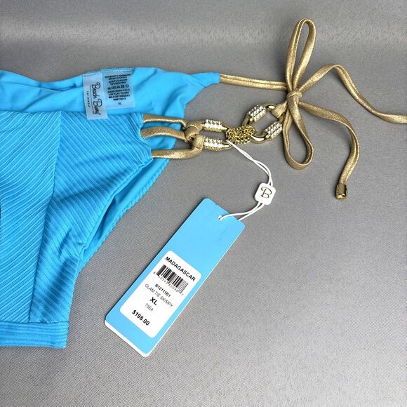 Beach Bunny Bikini Bottom XL Madagascar Glam Tie Carribean Blue Gold Rhinestones - Picture 6 of 16
